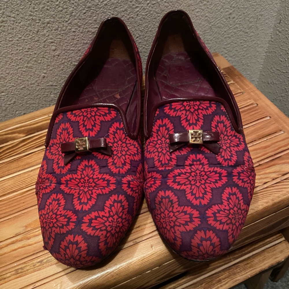 Tory Burch Red and Burgundy Floral Bow Loafers